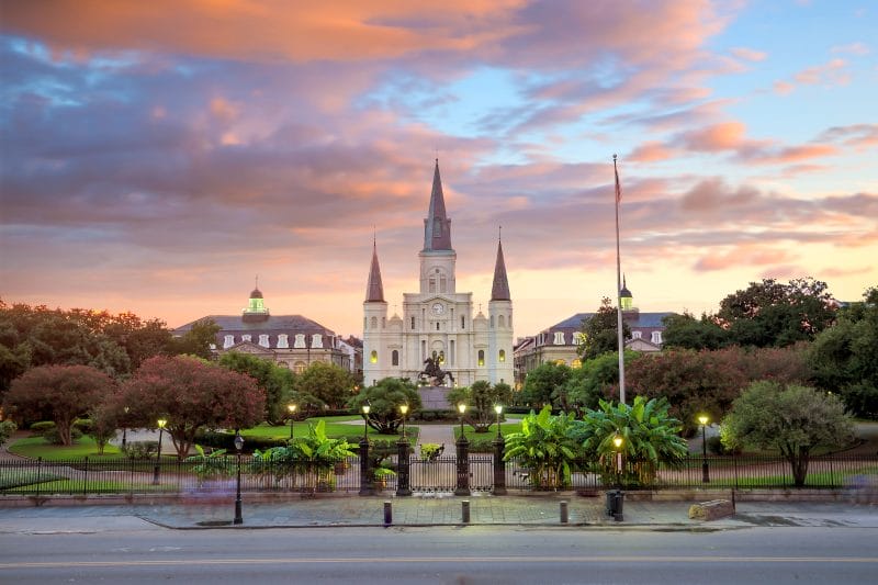 Sunset at Saint Louis Cathedral and Jackson Square in New Orleans.