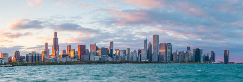 Looking back at the downtown Chicago skyline at sunset from lovely Lake Michigan