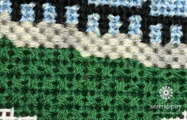 Reversed mosaic stitch is a terrific choice for grass.