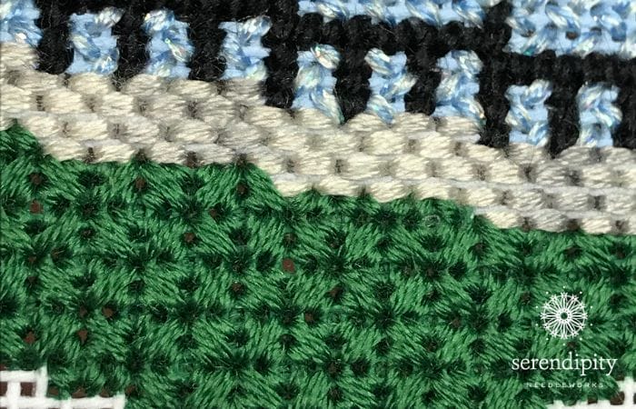 The reverse mosaic stitch is a terrific choice for grass and lawns on your needlepoint canvases.