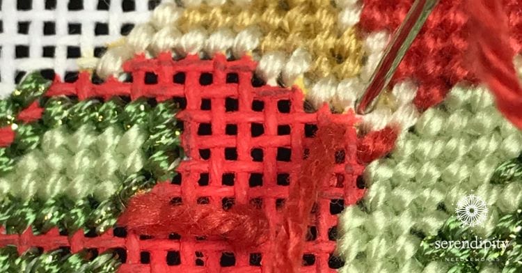 Filling in the background of the Florentine Bauble in diagonal tent stitch.