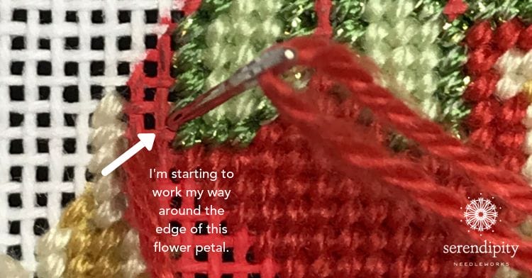 Beginning to fill in the spaces around the flower petals...