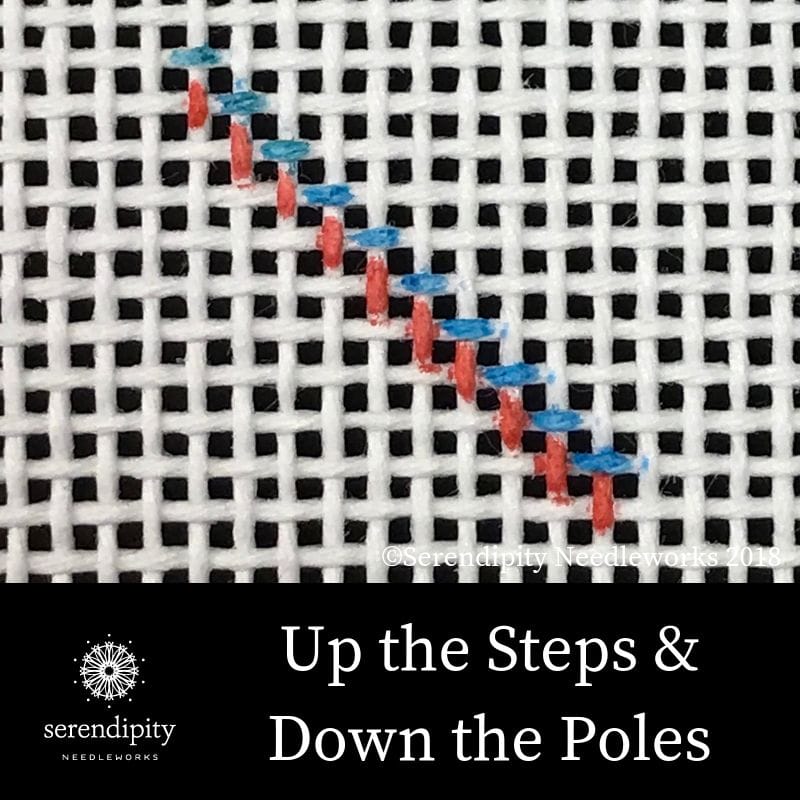 Stitch "up the steps" and "down the poles" when working in diagonal tent stitch.