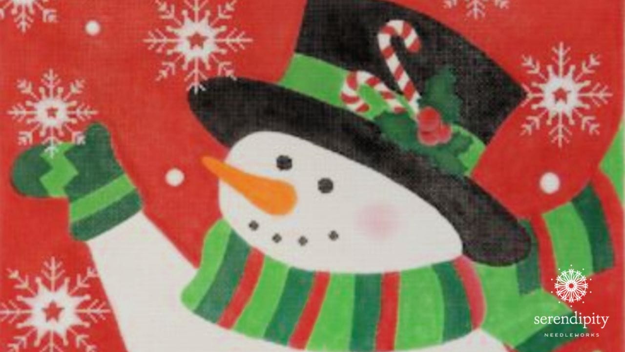Use the daisy stitch to work the small white snowflakes on this cutie pie canvas by Pepperberry Designs.