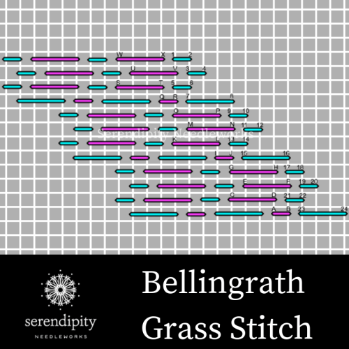 The Bellingrath Grass stitch is a terrific medium size needlepoint stitch for the grassy areas on your painted canvases.