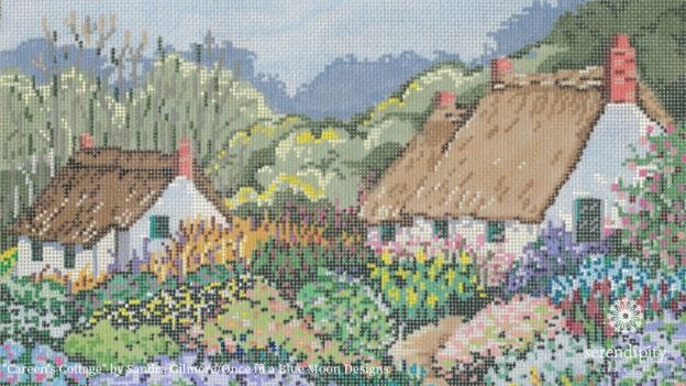 Use the double straight cross stitch for clusters of flowers on "Careen's Cottage" by Sandra Gilmore.