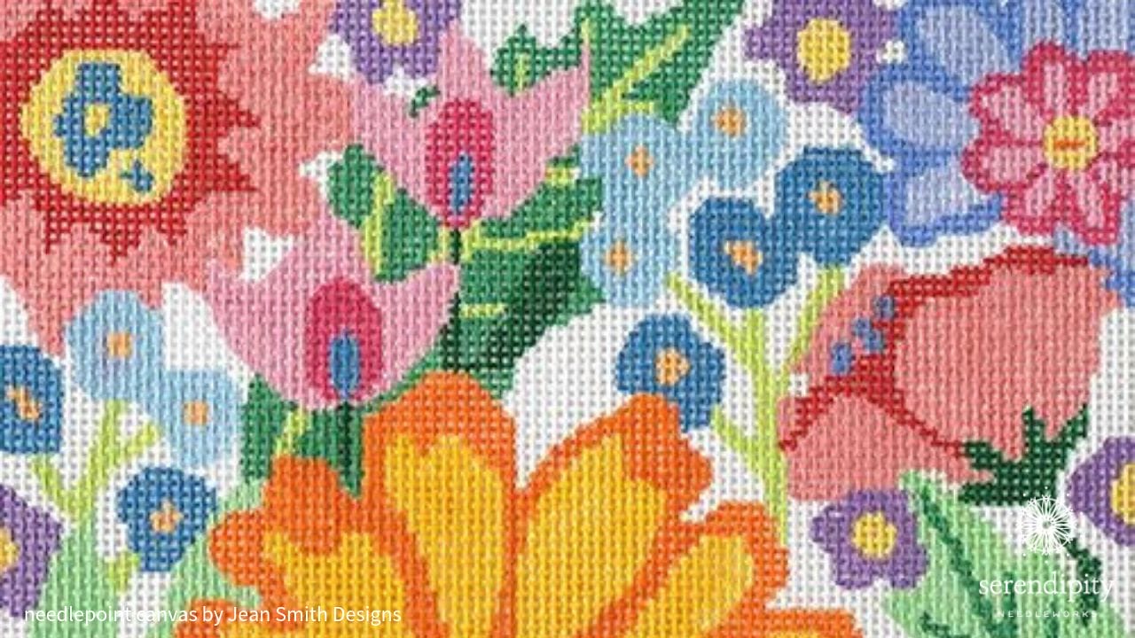 This Jean Smith Designs needlepoint canvas features brightly colored flowers.