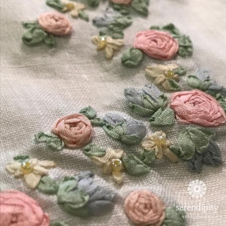 Silk ribbon embroidery on handkerchief linen
