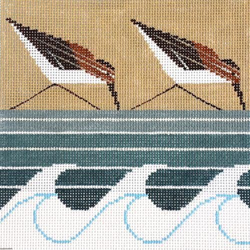 Sand pipers on the beach - a hand painted needlepoint canvas by Charley Harper for The Meredith Collection.