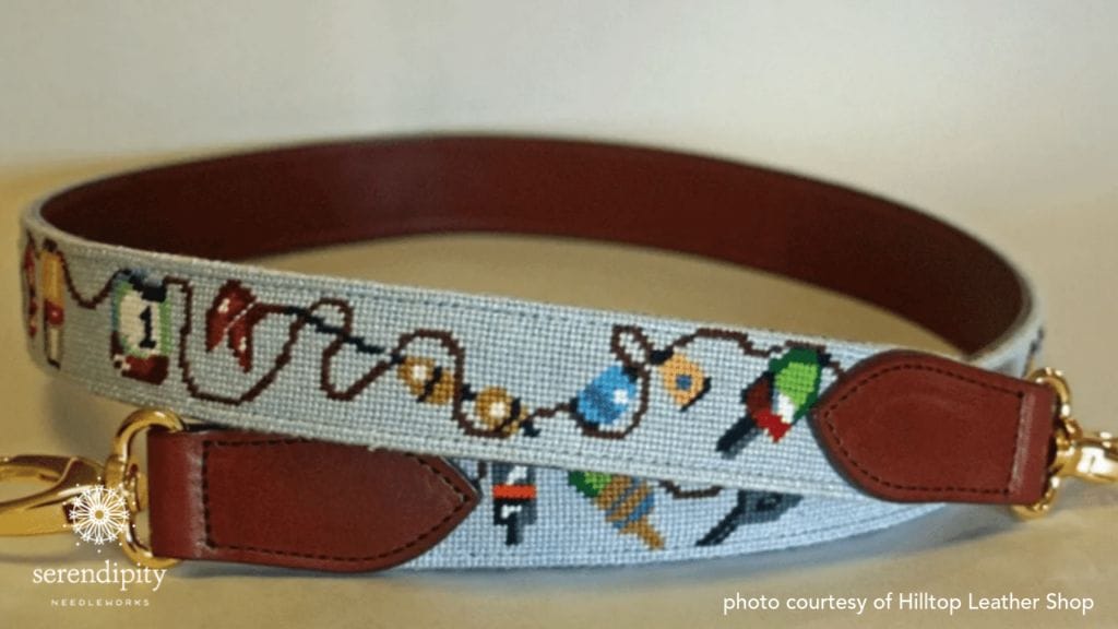 Needlepoint belts can be finished into purse and camera straps by the talented folks at Hill Top Leather Shop.