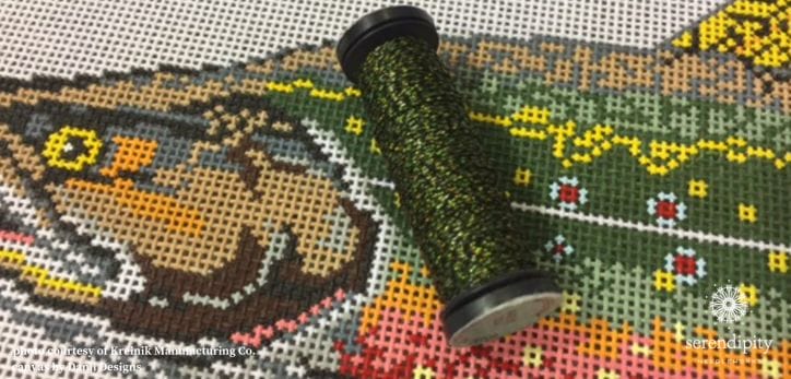 Kreinik metallic braids can be used to stitch realistic looking fish scales.