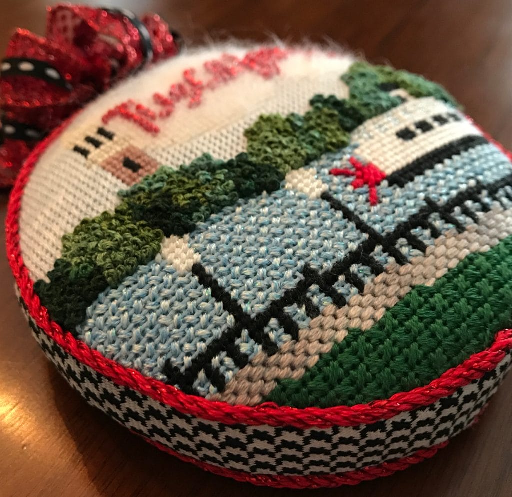 Kathy Schenkel designed this Tuscaloosa ornament exclusively for Serendipity Needleworks. I stitched it and Needleworks, LLC did the finishing.