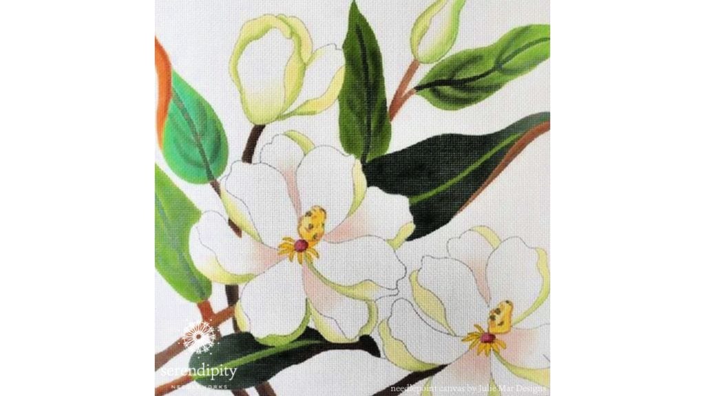 Large magnolia flowers are a terrific place to use the diagonal Roumanian stitch.