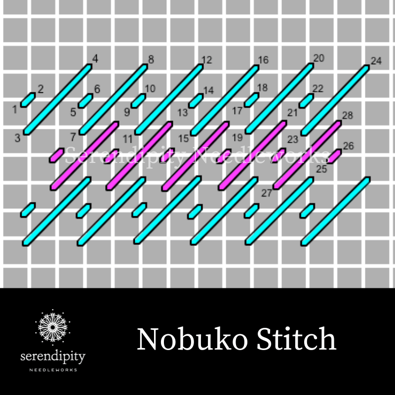 The Nobuko stitch is another of my favorite slanted stitches for adding visual interest to your needlepoint canvases! 