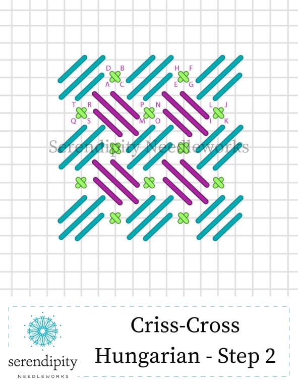 The criss-cross Hungarian stitch is one of the many combination stitches you can use to embellish your needlepoint projects.