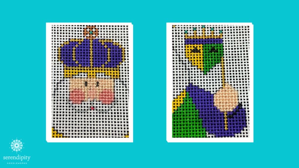 Mardi Gras Santa: hands and face stitched in tent stitch using Splendor stranded silk thread.