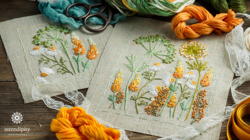 Free style surface embroidery includes stitches such as French knots, satin stitch, bullion knots, lazy daisies, and more.