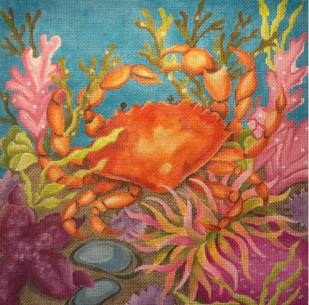 "Coral Reef Crab" by Amanda Lawford Designs is an example of a needlepoint canvas that a stitcher with an Eclectic needlepoint style might find fun to stitch. 