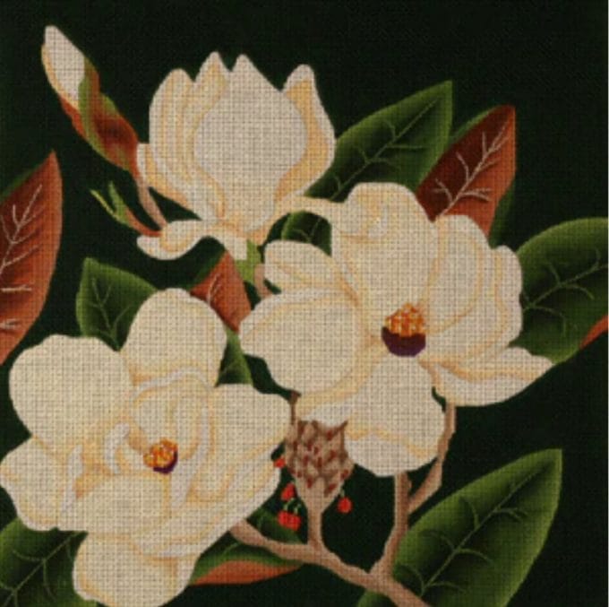"Giant Magnolia" by dede designs is a terrific example of a canvas in the classic needlepoint style. 