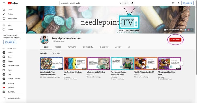 Subscribe to Needlepoint TV over on my YouTube Channel. 