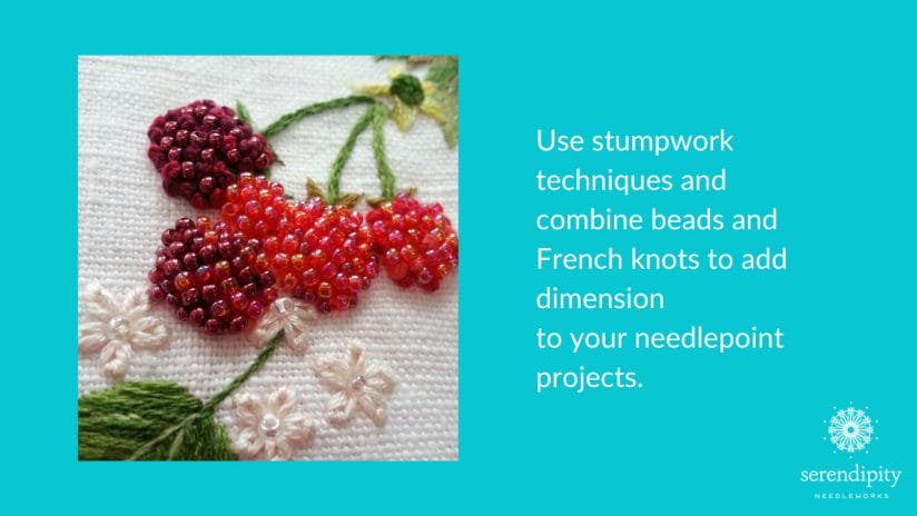 Beads and French knot combine to create 3-D berries using simple stumpwork techniques.