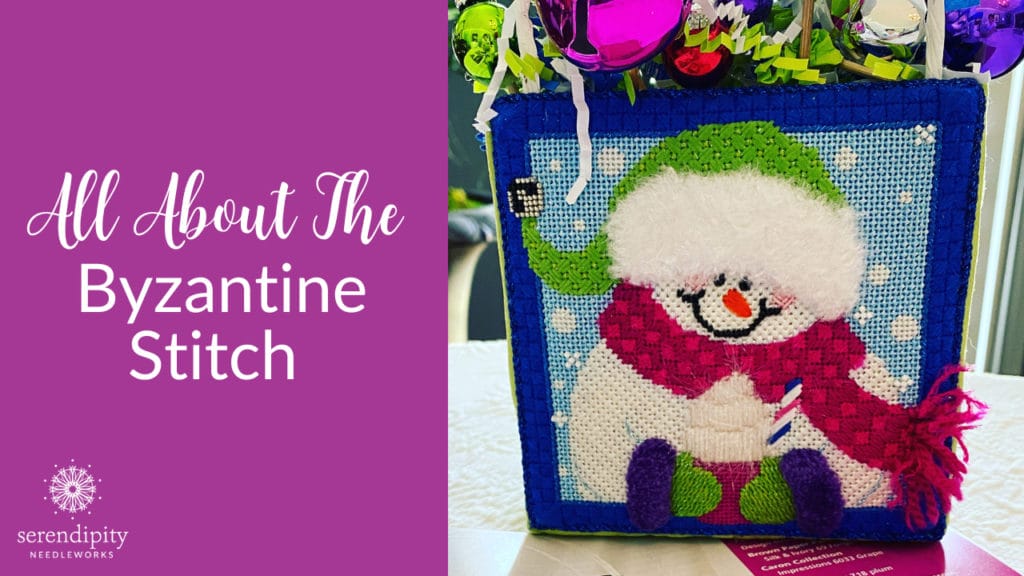 I used a variation of the Byzantine Scotch stitch for the scarf on this cute canvas by Pepperberry Designs.