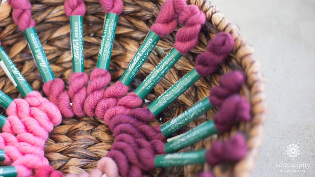 Bella Lusso is a crewel weight wool needlepoint thread. 