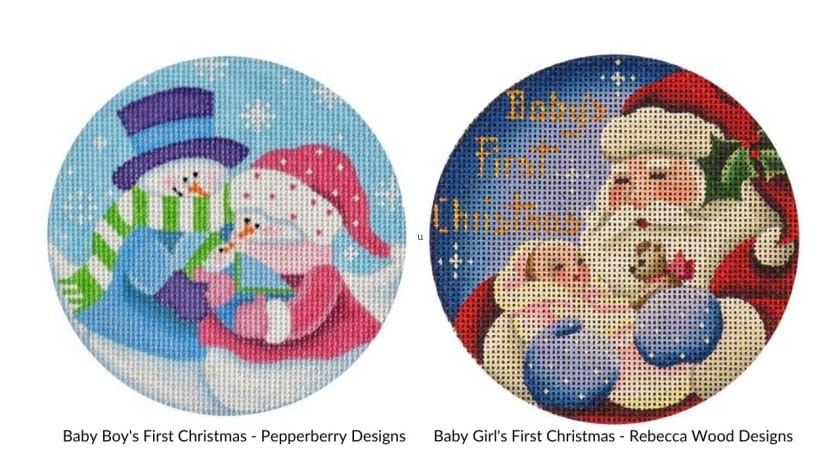 Needlepoint Christmas ornaments for babies from Pepperberry Designs and Rebecca Wood Designs