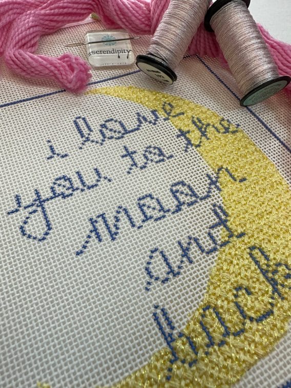 "I love you to the moon and back!" by A Poore Girl Paints needlepoint designs.