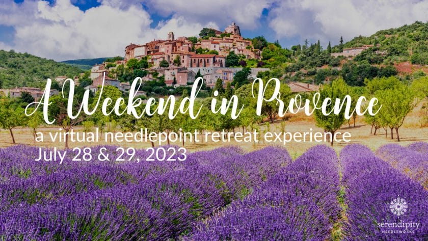 The 2023 Girlfriends' Getaway is a virtual needlepoint experience that will whisk you away to sunny southern France for two fun-filled days of needlepoint goodness!