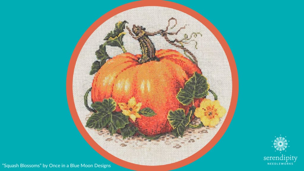 Use the diagonal Roumanian stitch to shade the pumpkin on Sandra Gilmore's "Squash Blossoms" needlepoint canvas. 