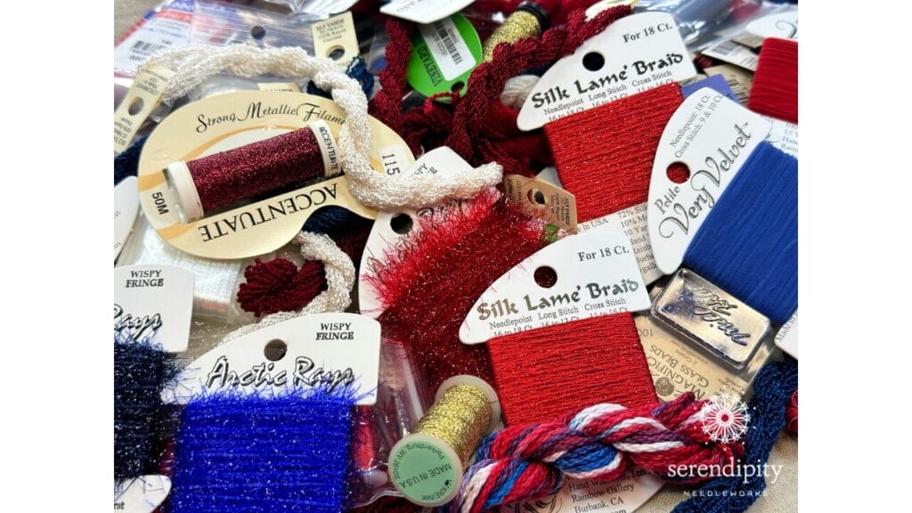 Storing your needlepoint thread project - or type of project - as with these patriotic colors, can make it easier to find what you're looking for.