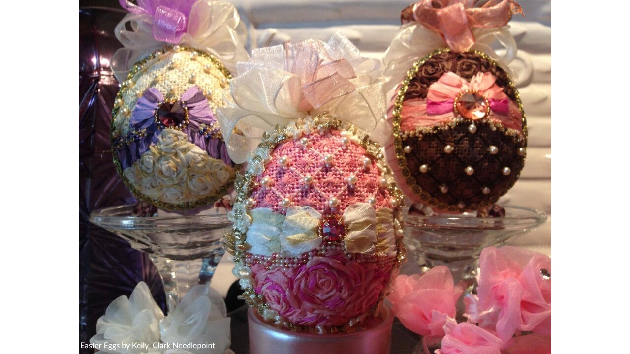 Kelly Clark's painted needlepoint Easter egg designs stitched with decorative stitches