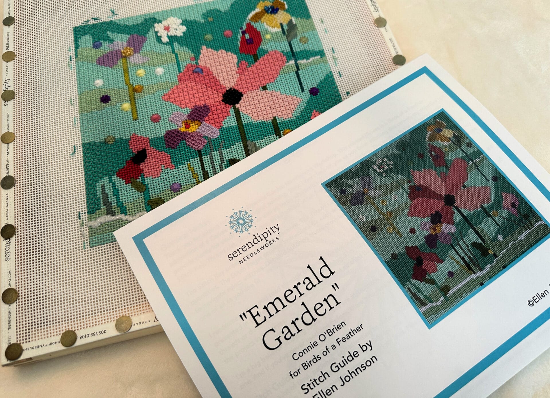 "Emerald Garden" painted canvas by Birds of a Feather Designs with needlepoint stitch guide by Ellen Johnson