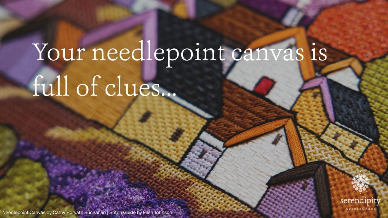 Lavender Fields neeedlepoint project Finished needlepoint canvas showing houses with different decorative stitches and textures demonstrating artistic interpretation techniques used in Ellen Johnson's Stitch Guide Formual